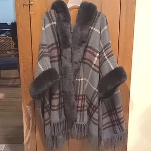 Women's Red/Gray/Black Plaid Faux Fur Shawl/Poncho/Cape